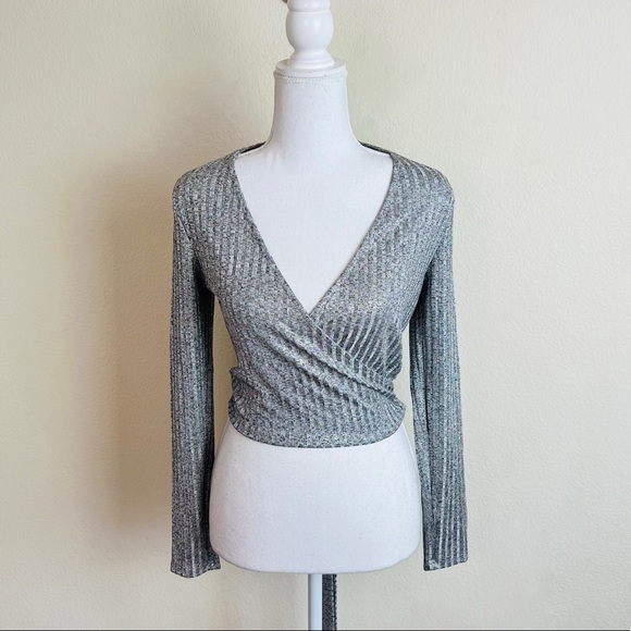 Forever 21 Silver Grey Metallic Surplice Wrap Tie Long Sleeve Blouse Top - Picture 1 of 6